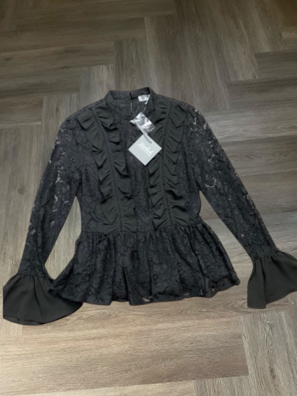 Marled Reunited Clothing‎ Lace Bell Sleeve Peplum Top Womens XS Black Edwardian